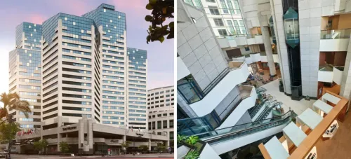Exterior of the The Westin San Diego Bayview at sunset (left) and interior stairwell area and lobby (right)